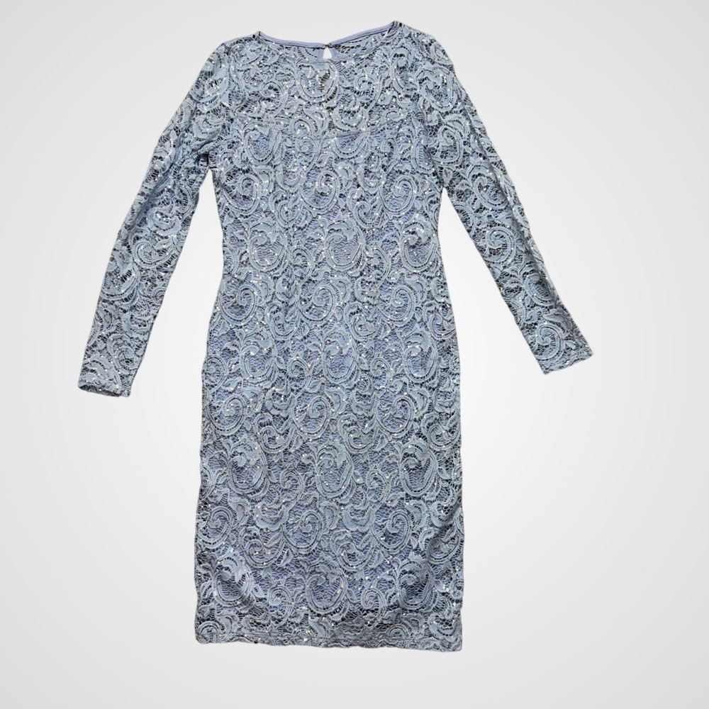 Marina Lace Sequin Dress Womens 8 Blue Long Sleeve Keyhole Back Formal Cocktail